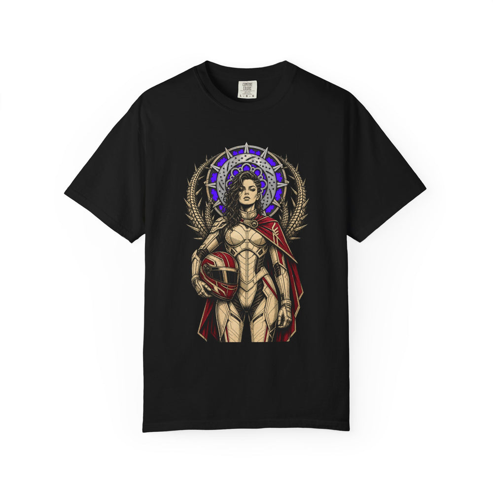 Saint of the Apex Gothic Racer Graphic Tee graphic on a Black tee