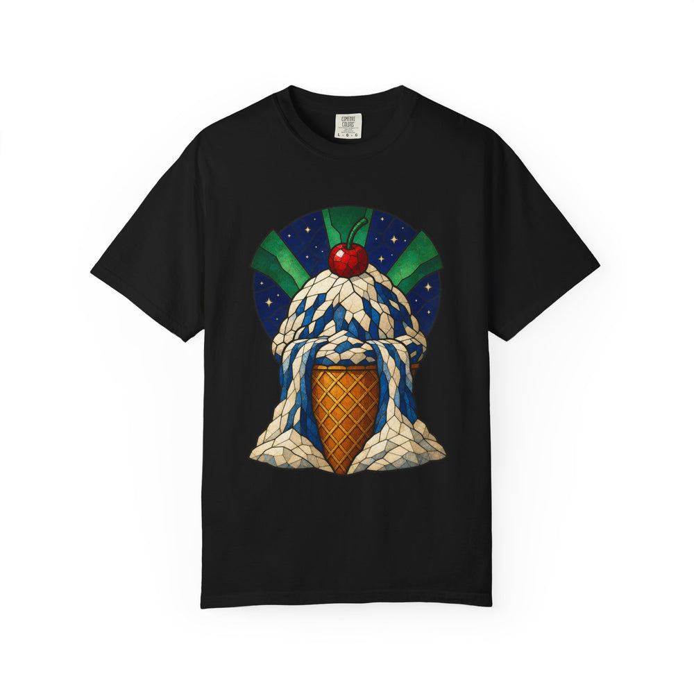 Ice Cream Glacier Stained Glass Adventure Graphic Tee graphic on a Black tee