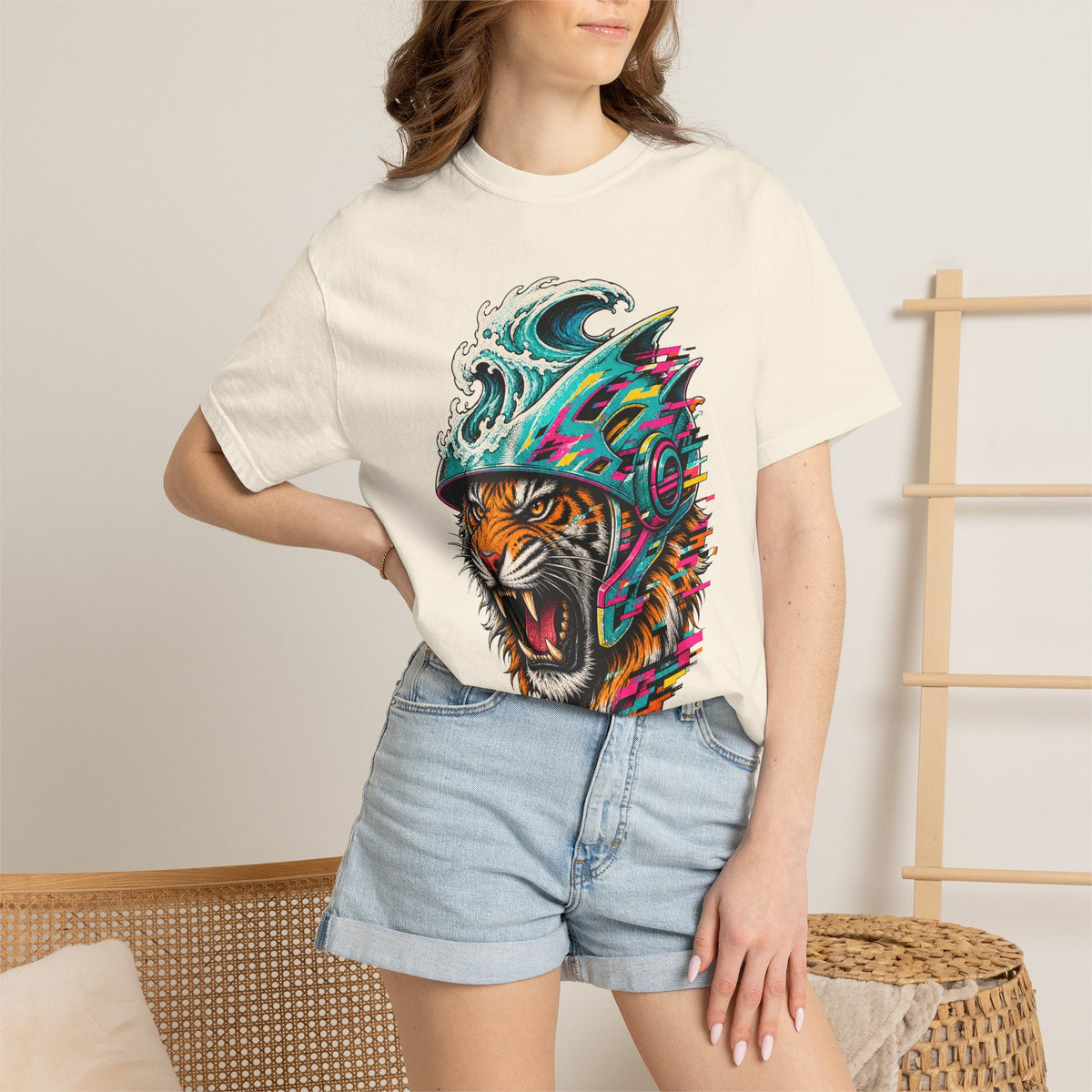 Glitch Surf Tiger Helmet Graphic Tee
