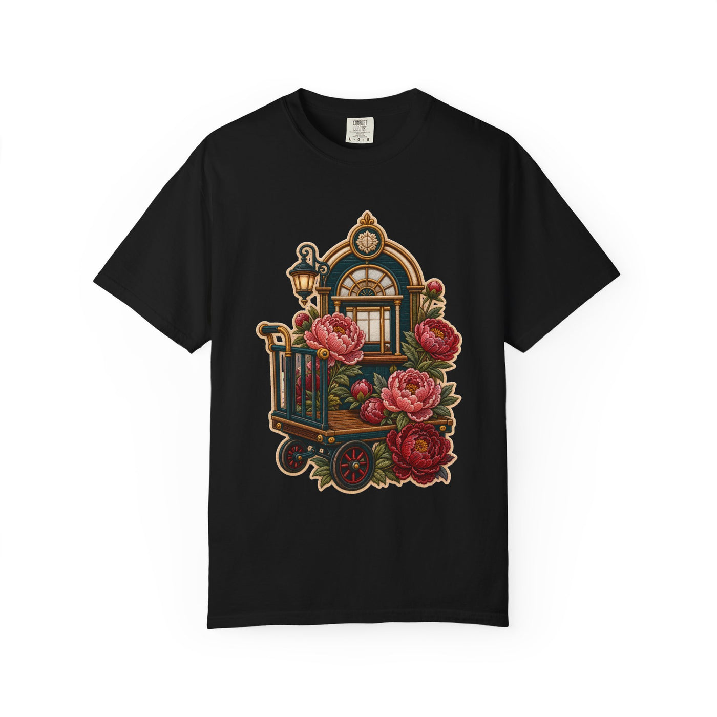 Embroidered Train Station Peony Trolley T-Shirt Graphic