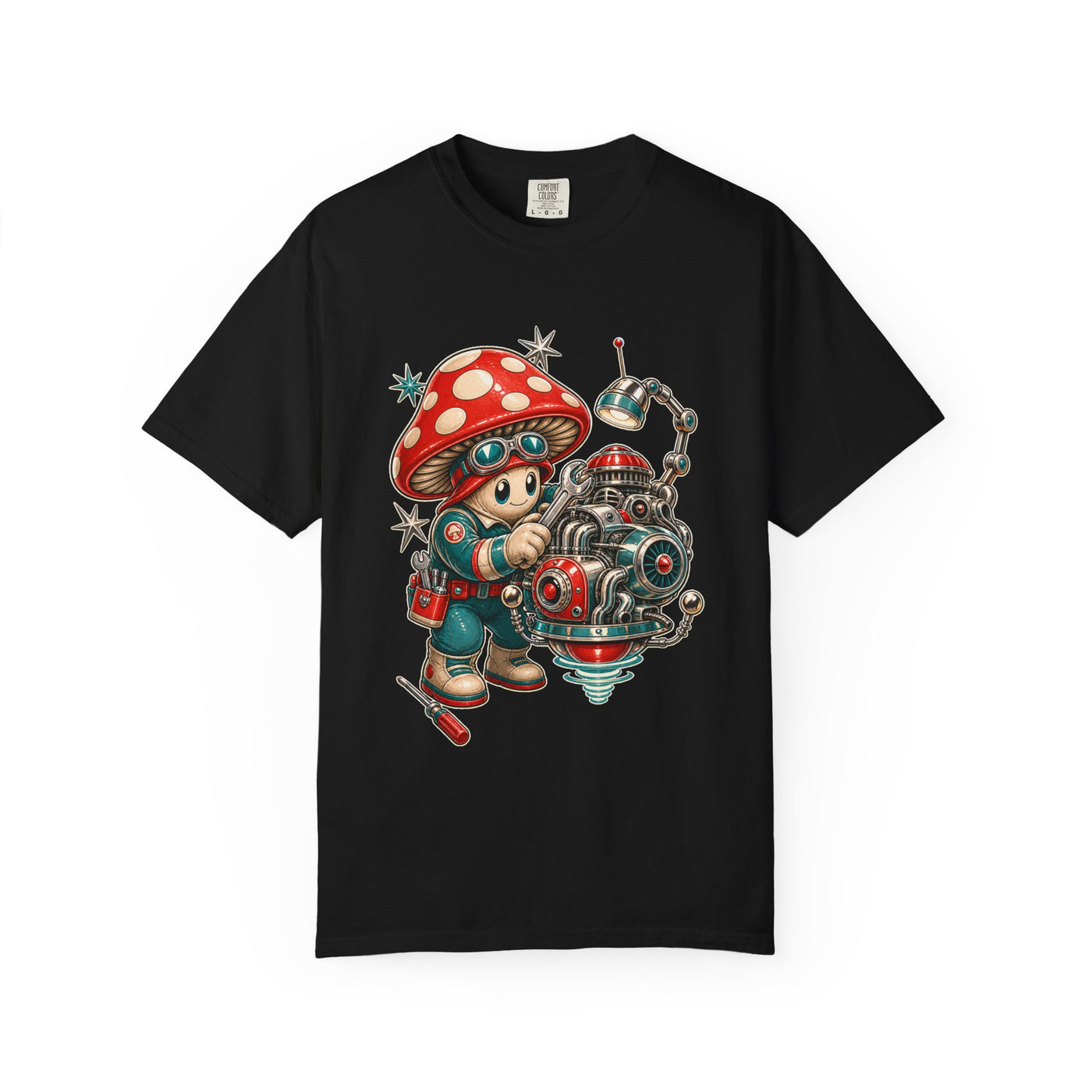 Retro Futurist Mushroom Mechanic T-Shirt Graphic
