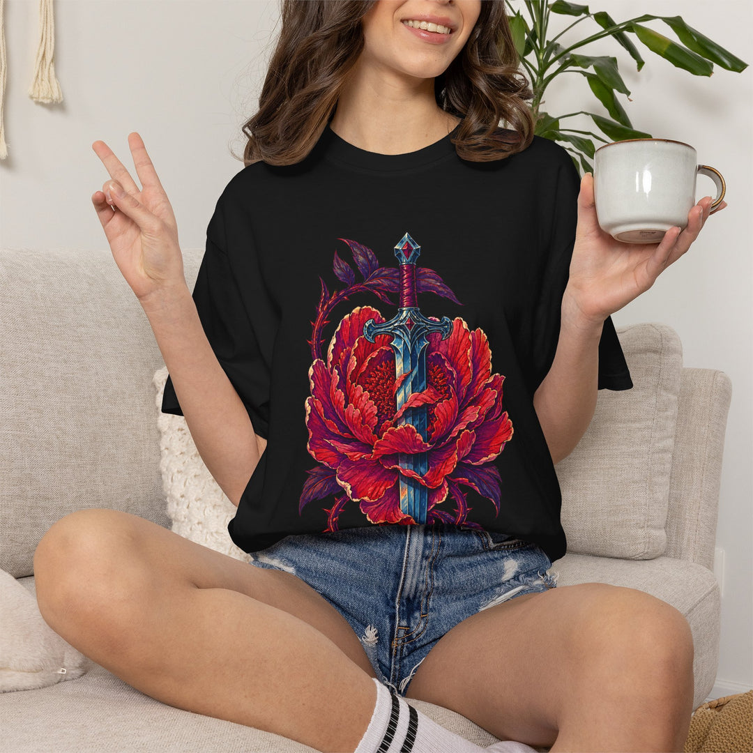Red Violet Sword Peony Graphic Tee
