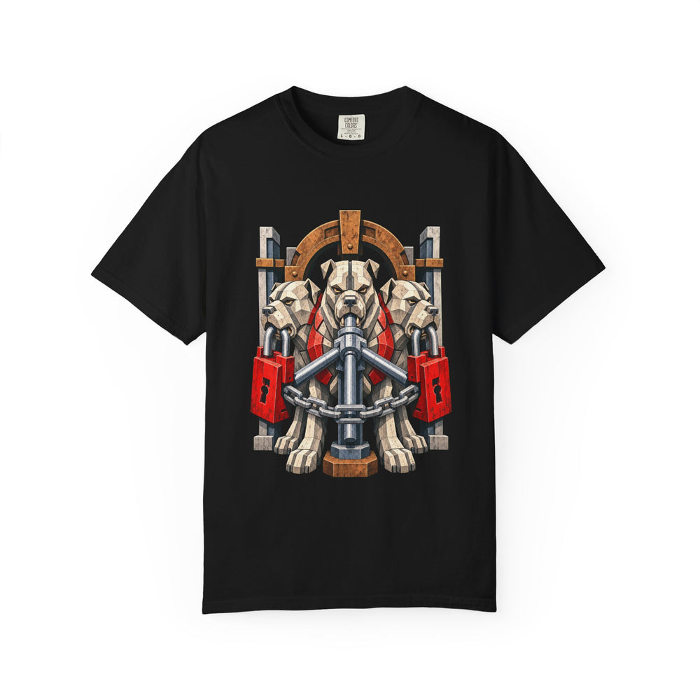 Cerberus Depot Guard graphic on a Black tee