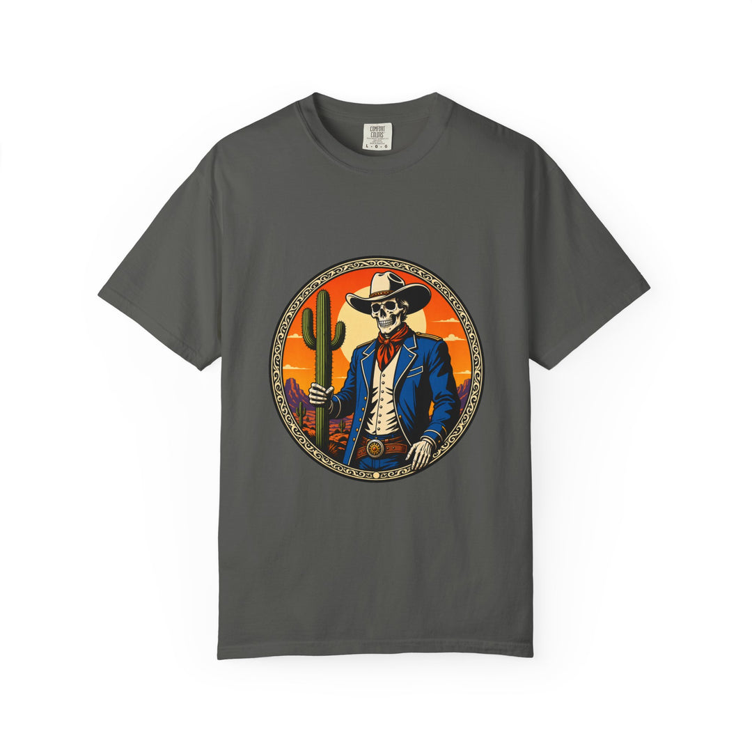 Skeleton Cowboy Sunset Emblem T-Shirt Graphic