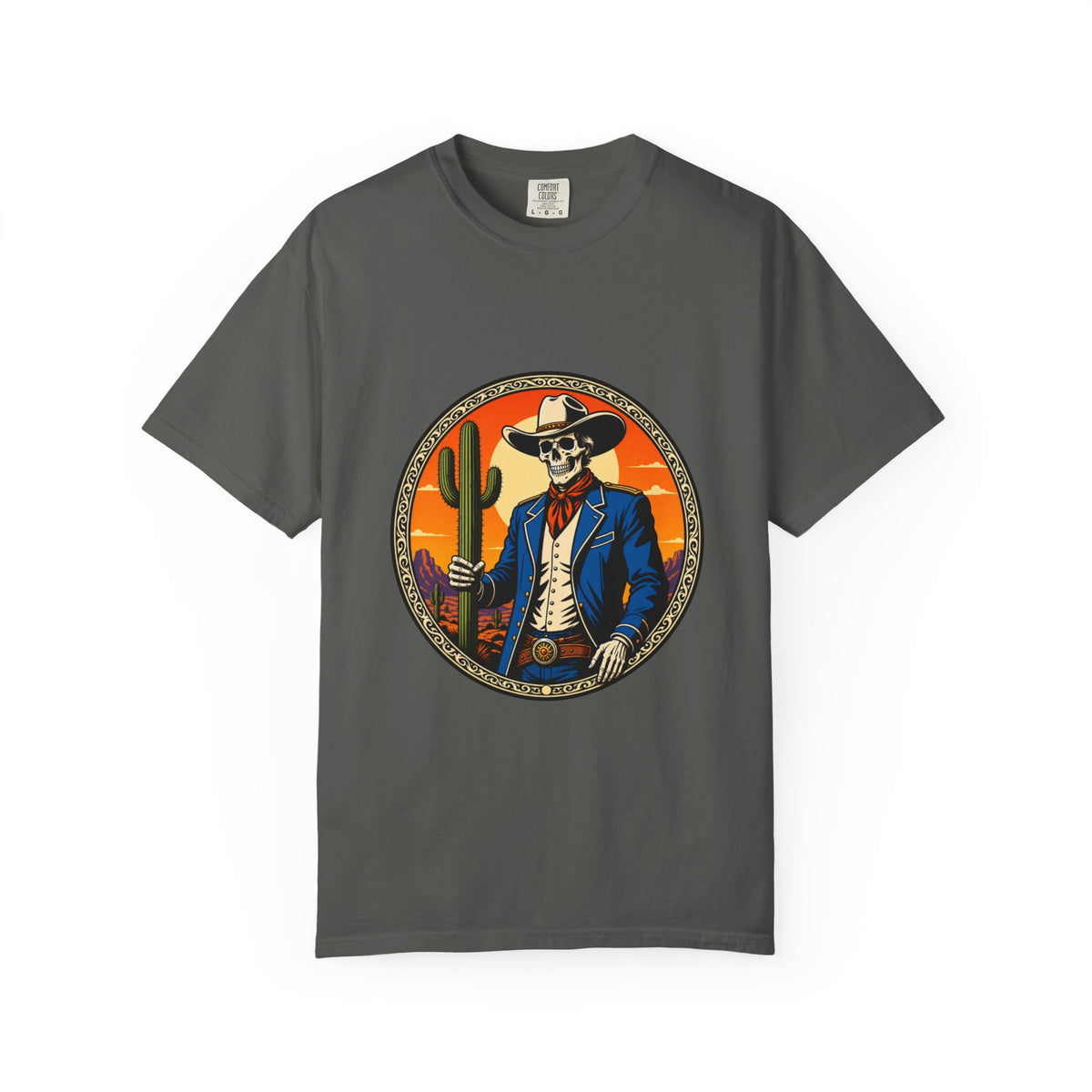 Skeleton Cowboy Sunset Emblem T-Shirt Graphic
