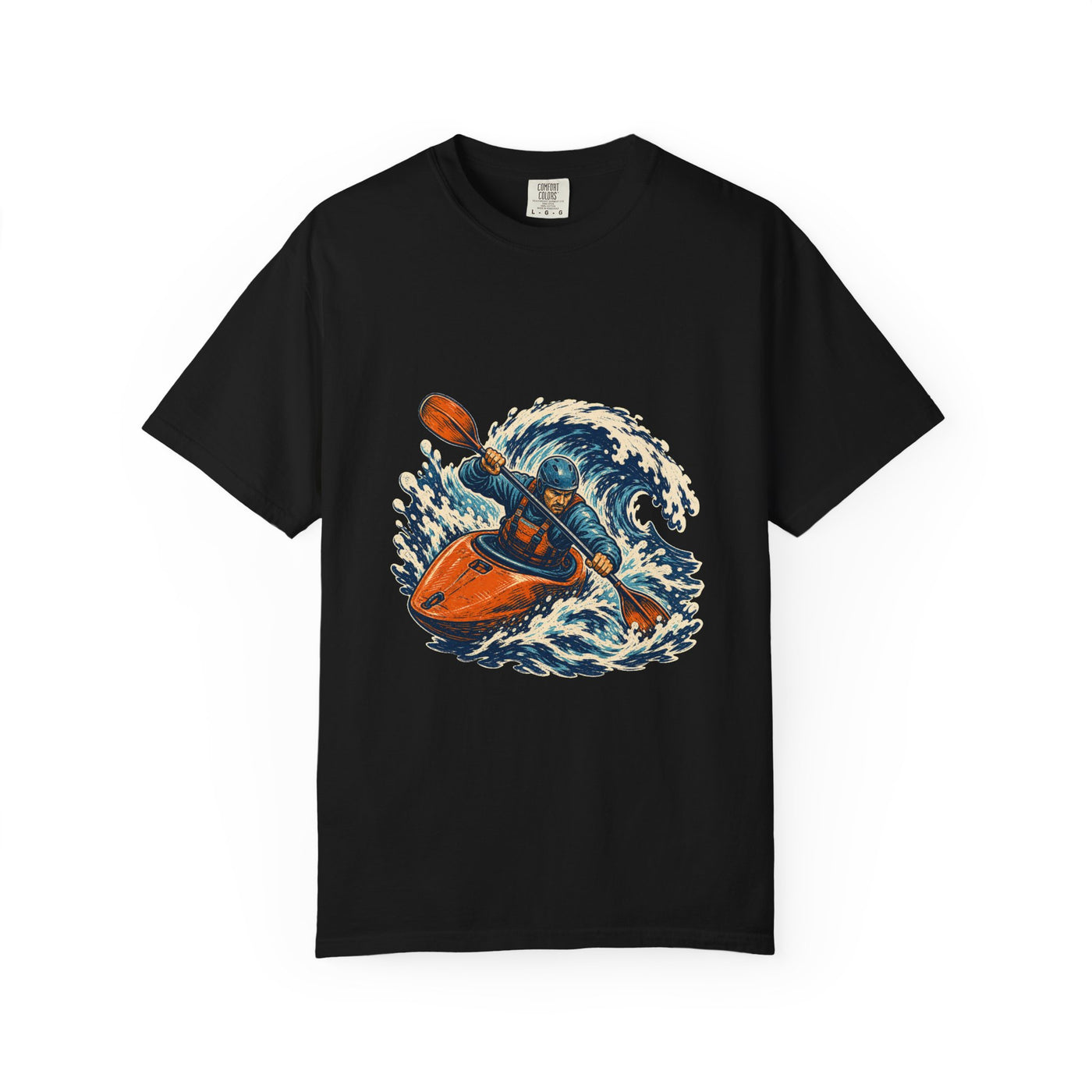 Whitewater Kayak Rapid Linocut Graphic Tee
