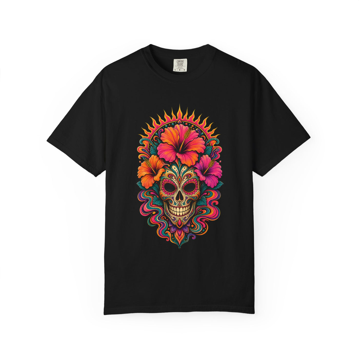 Psychedelic Hibiscus Skull Mask T-Shirt Graphic