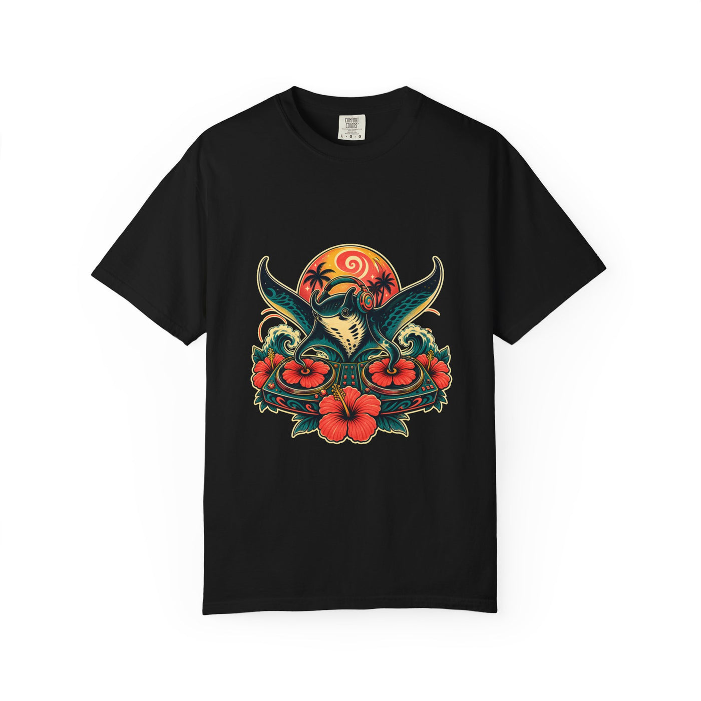 Acid Hibiscus Manta Ray DJ T-Shirt Graphic