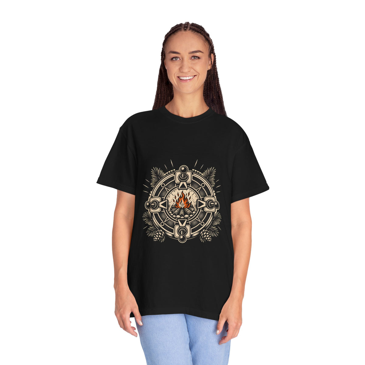 Blackwork Arcade Campfire Compass T-Shirt Graphic
