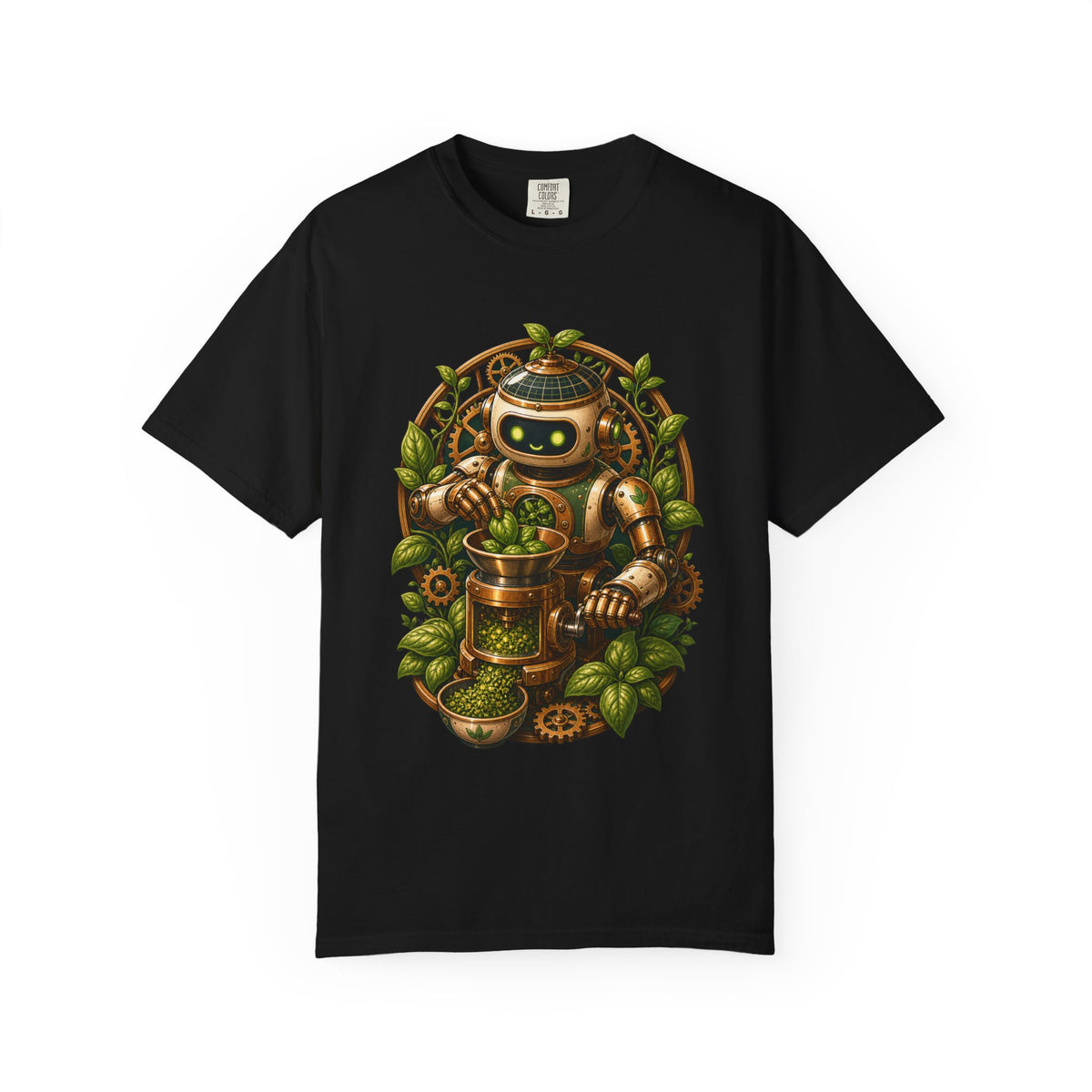 Solarpunk Basil Grinder Robot T-Shirt Graphic