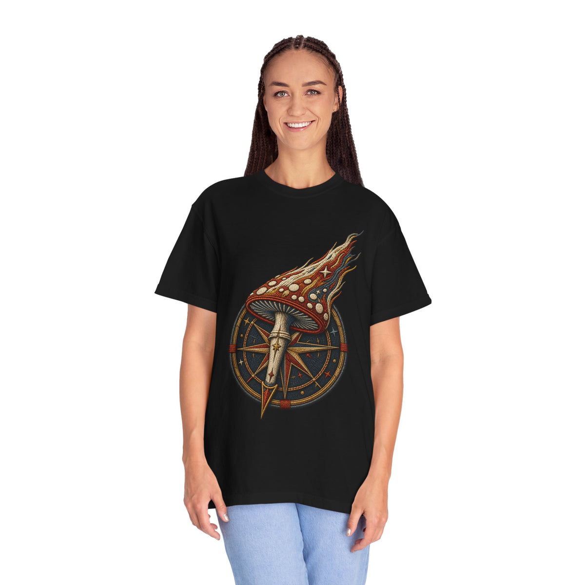 Stitched Meteor Mushroom Compass T-Shirt Graphic