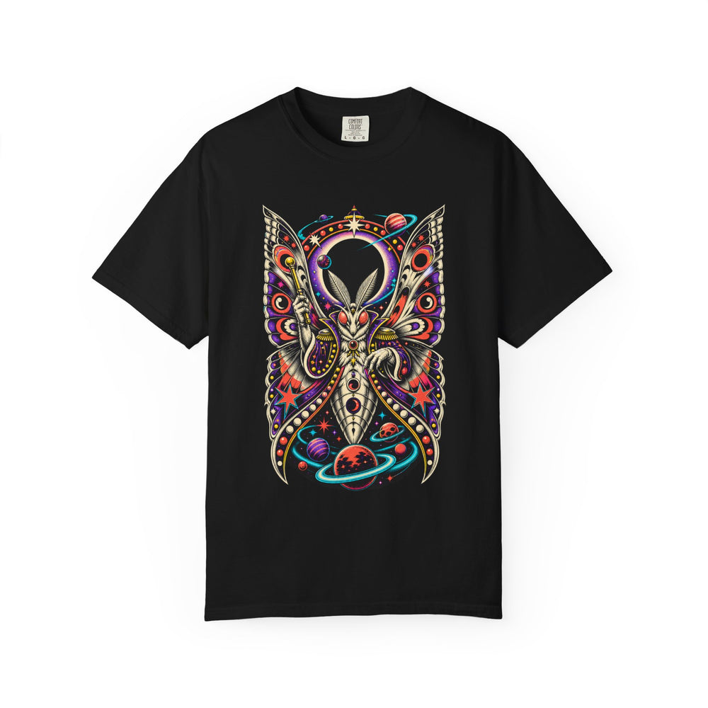 Eclipse Ringmaster Moth Cosmic Sideshow Graphic Tee graphic on a Black tee