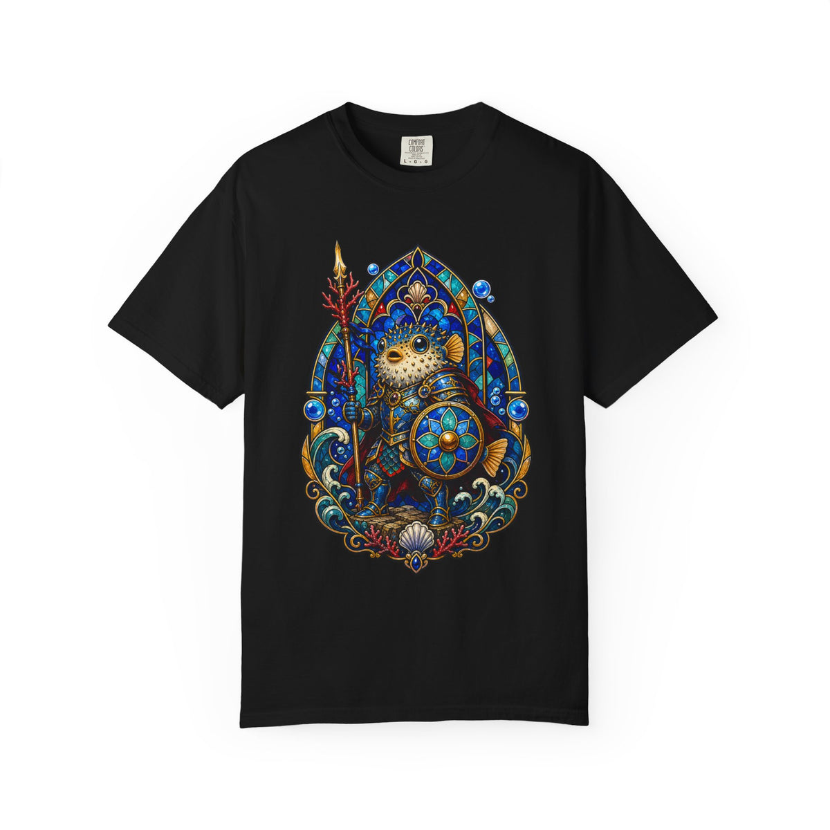 Stained Glass Pufferfish Knight T-Shirt Graphic