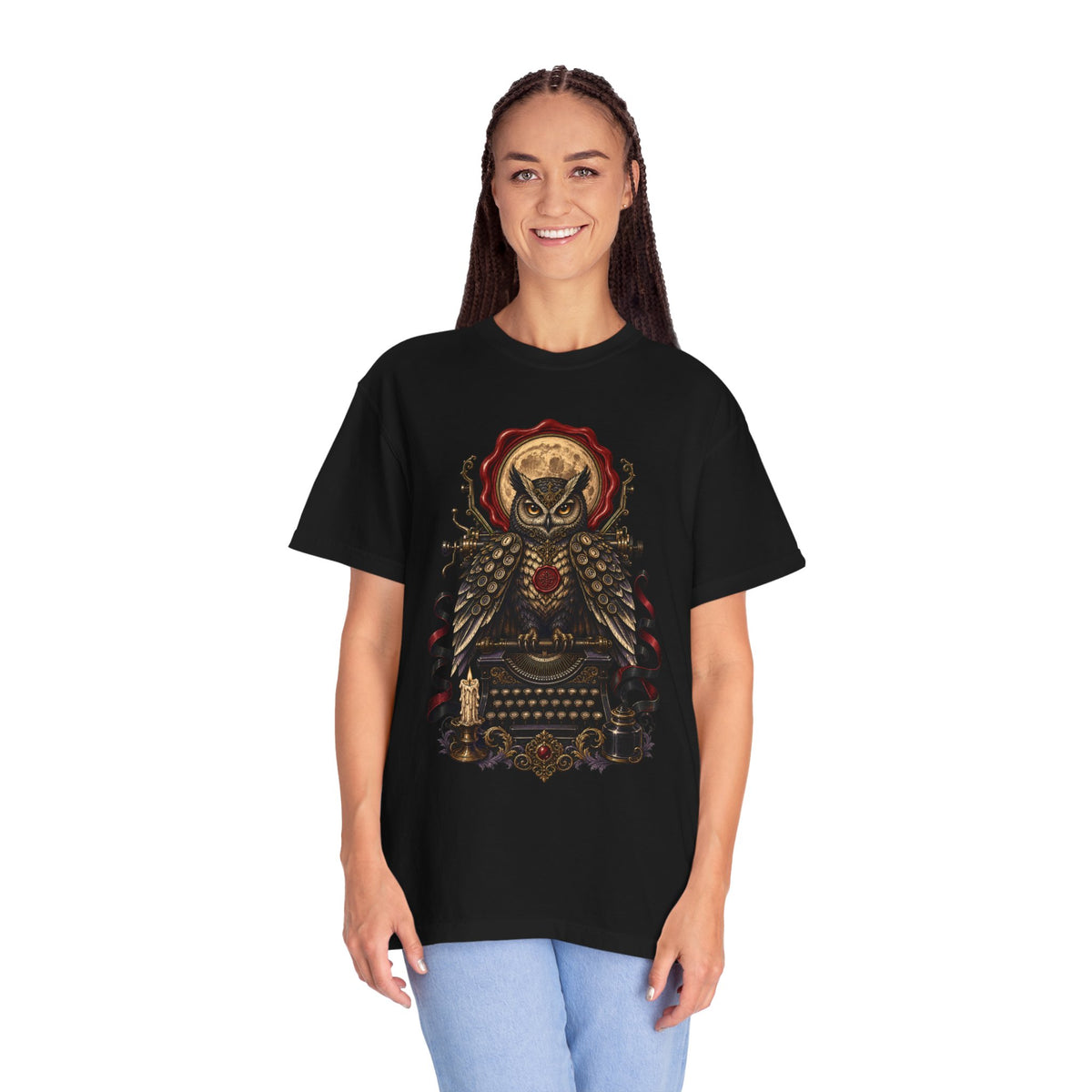 Dark Romantic Typewriter Owl T-Shirt Graphic