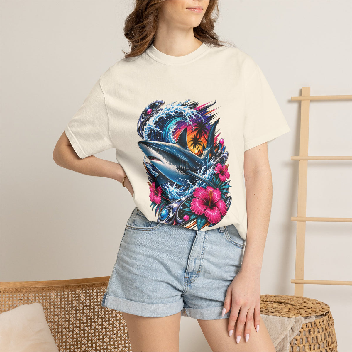 Y2K Surf Hibiscus Shark T-Shirt Graphic