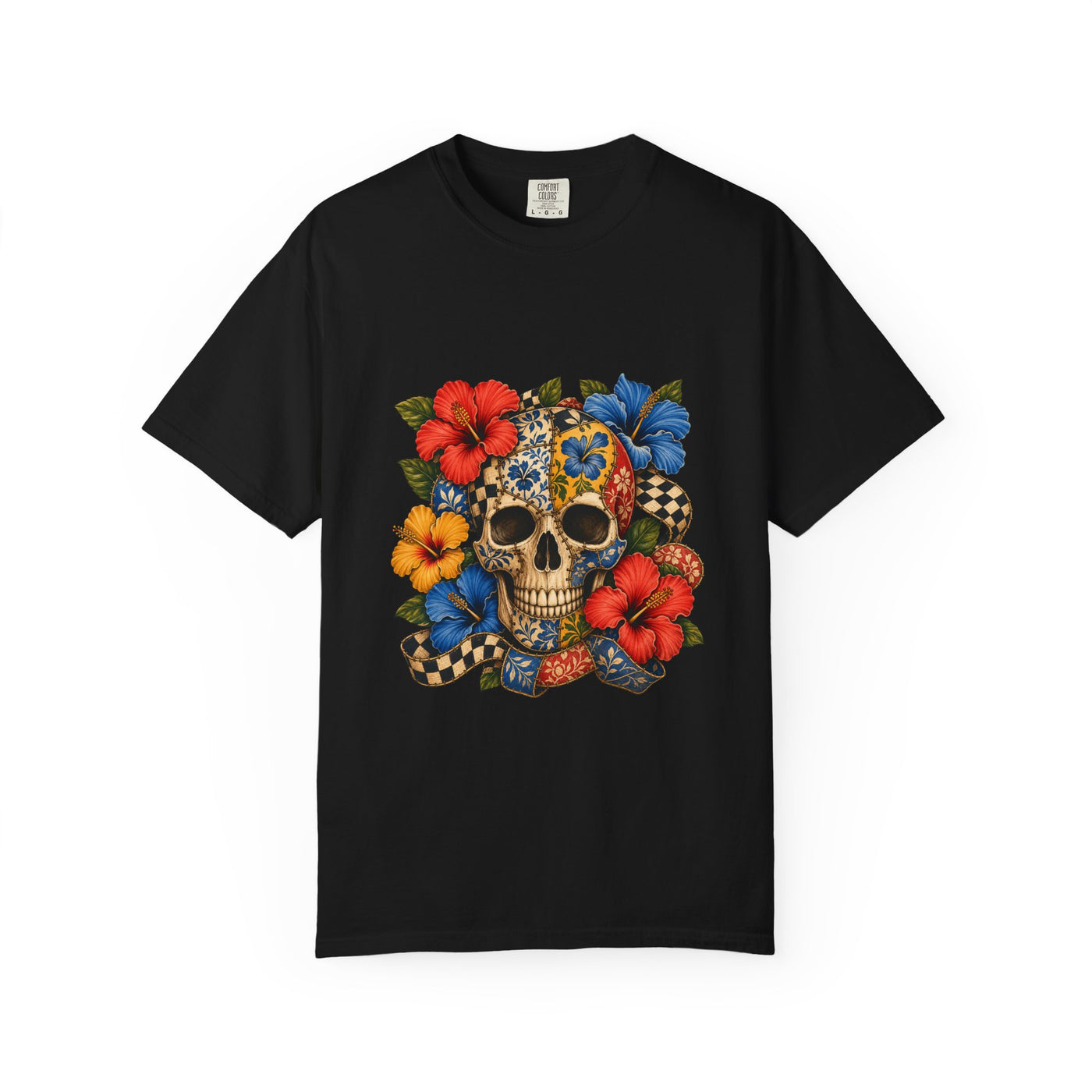 Patchwork Hibiscus Skull Graphic Tee
