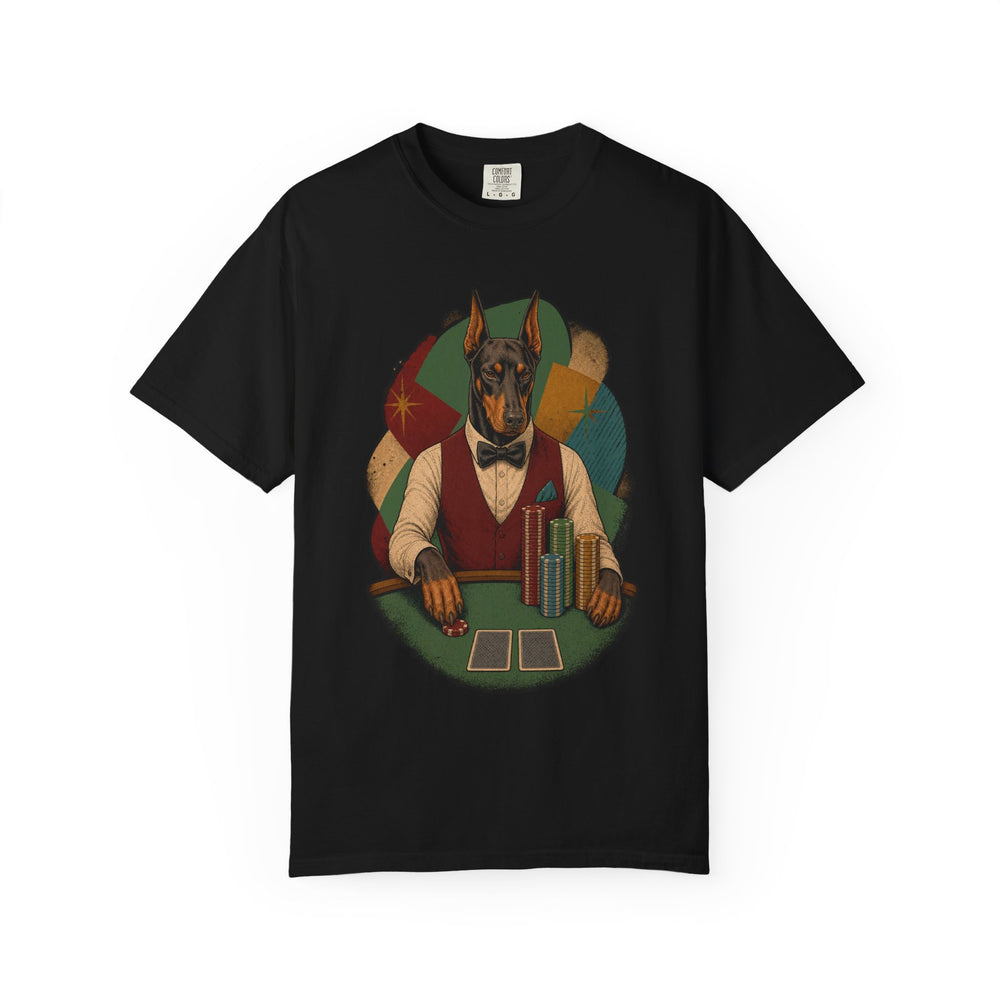 Doberman High Roller graphic on a Black tee