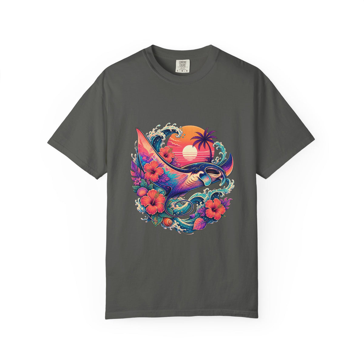 Vaporwave Hibiscus Manta Ray Graphic T-Shirt