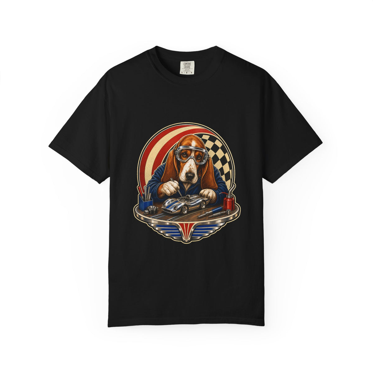 Retro Chrome Slot-Car Basset Pit Crew Graphic Tee