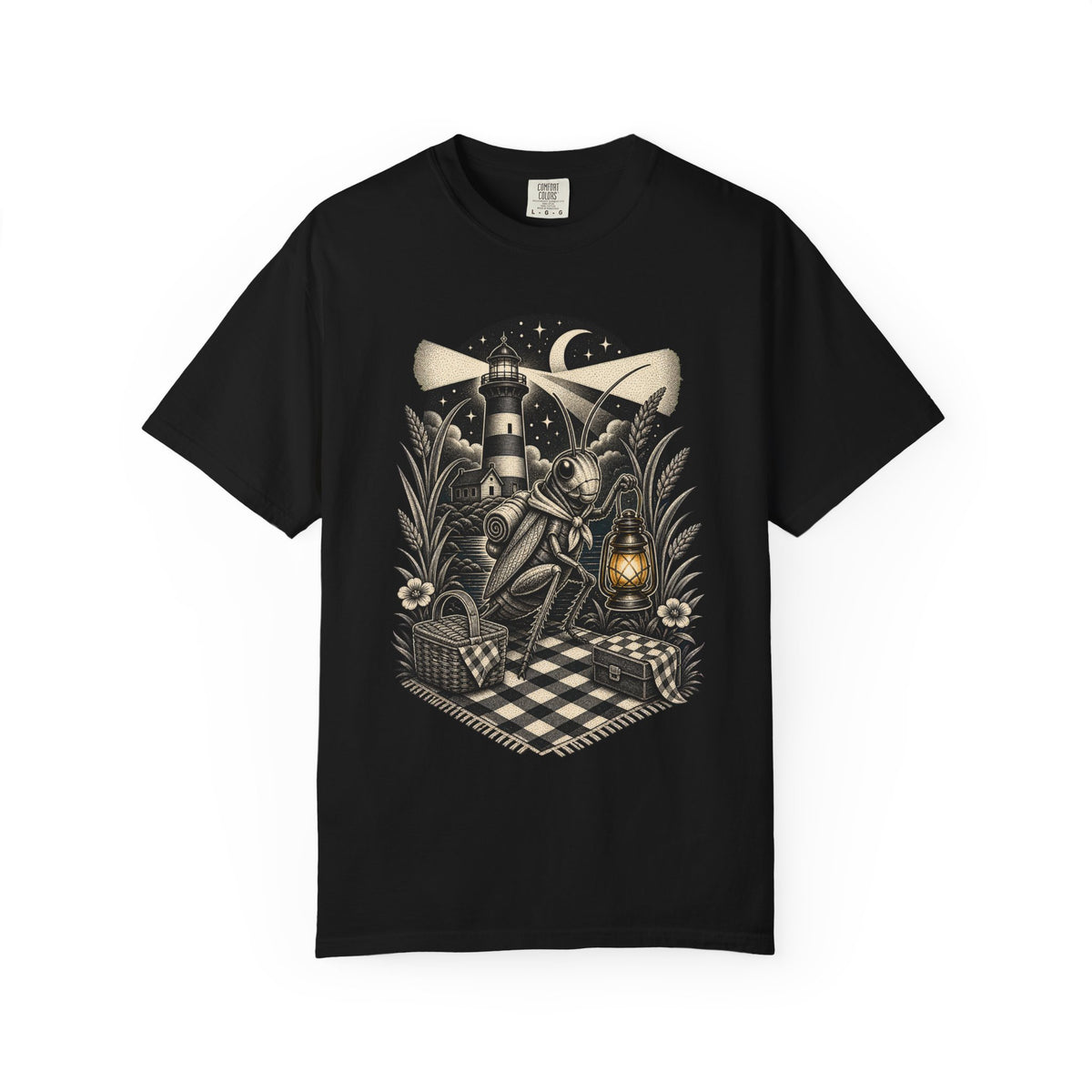 Blackwork Lighthouse Picnic Cricket T-Shirt Graphic