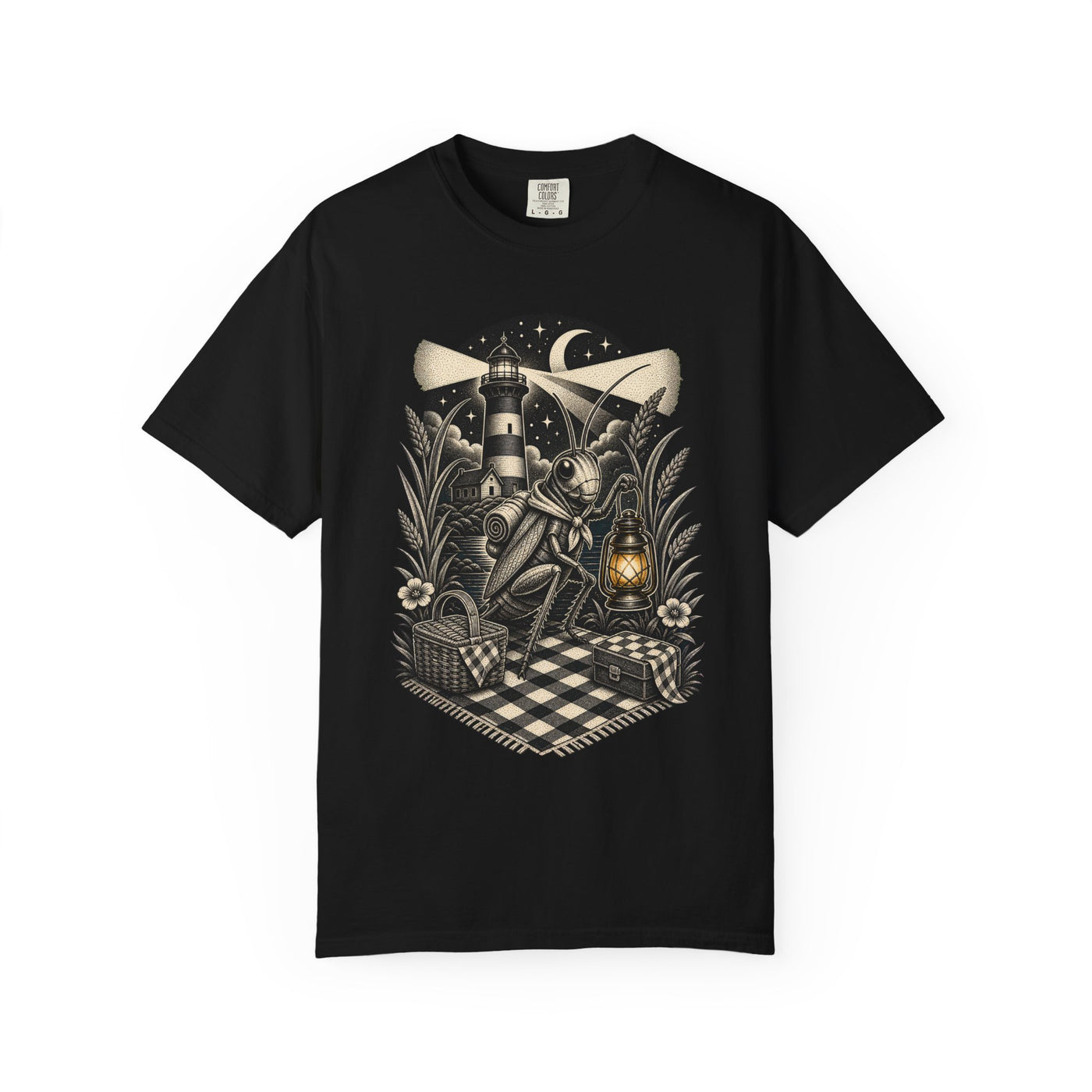Blackwork Lighthouse Picnic Cricket T-Shirt Graphic