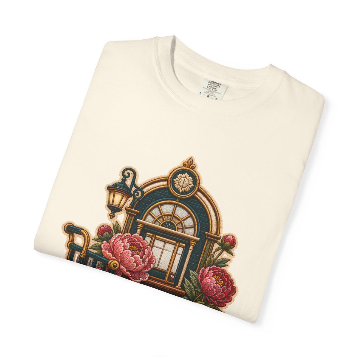 Embroidered Train Station Peony Trolley T-Shirt Graphic