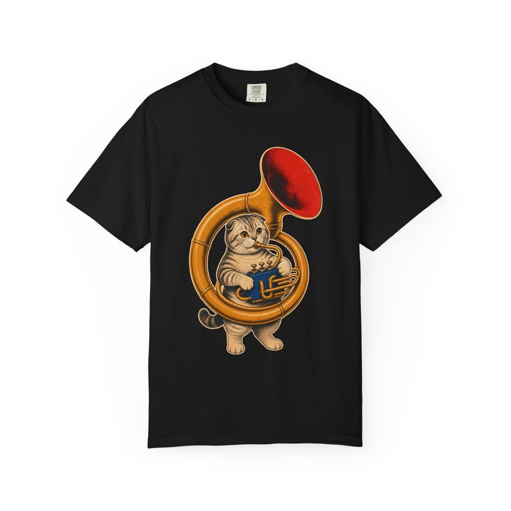Scottish Fold Sousaphone graphic on a Black tee