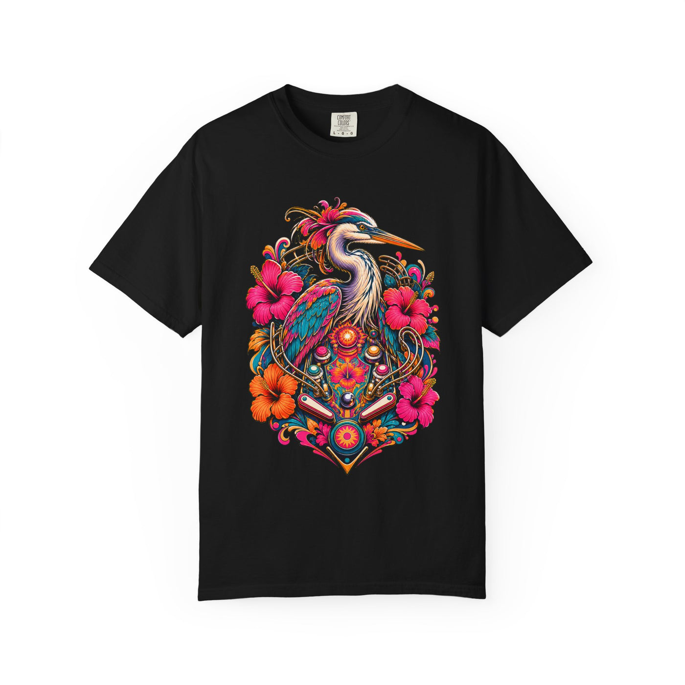 Psychedelic Hibiscus Pinball Heron T-Shirt Graphic