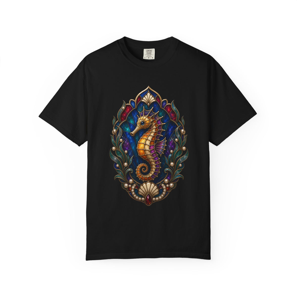 Gothic Stained Glass Seahorse Crest T-Shirt Graphic