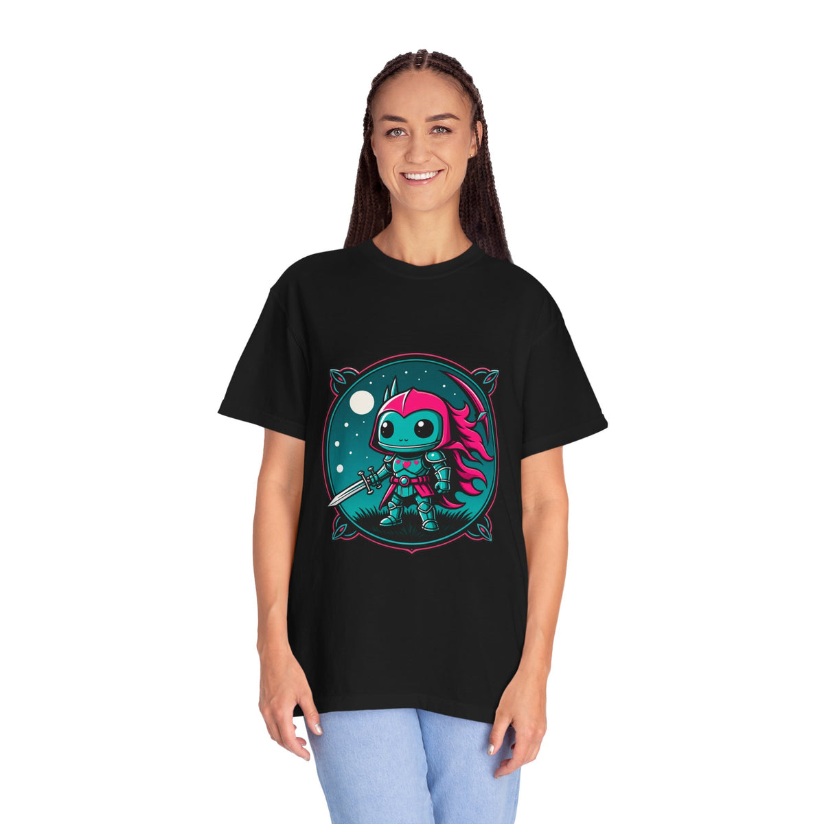 Neon Chibi Knight Emblem T-Shirt Graphic