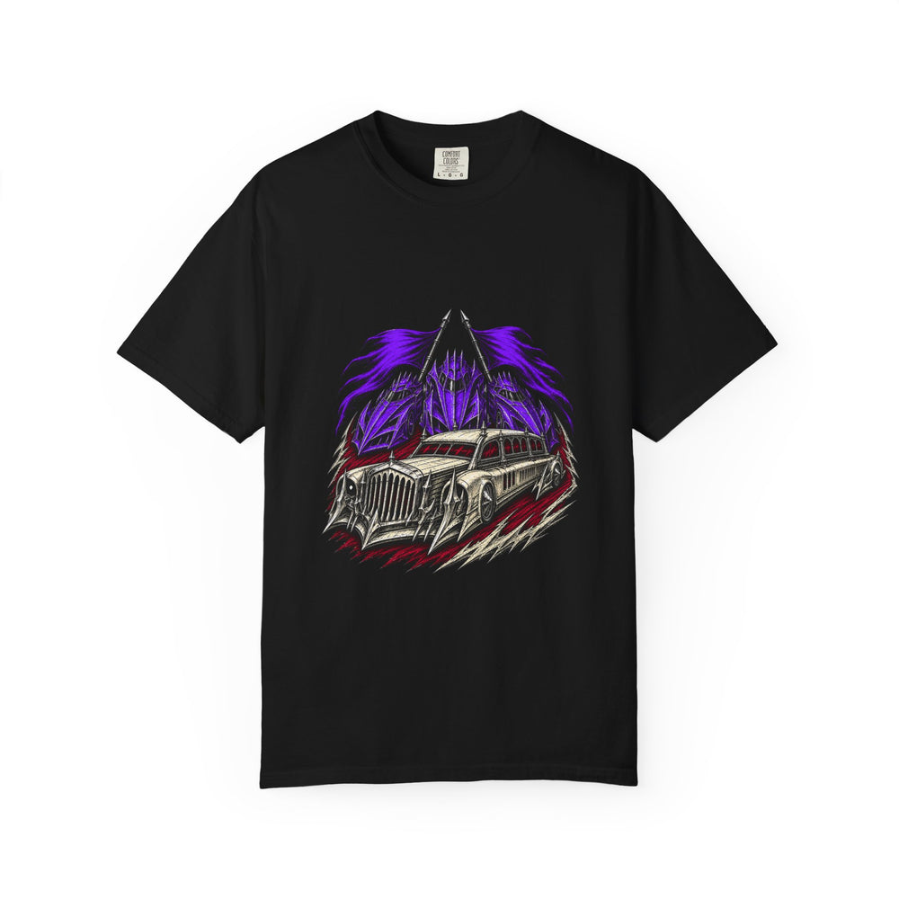 Black Procession Gothic Hearse Racing Graphic Tee graphic on a Black tee