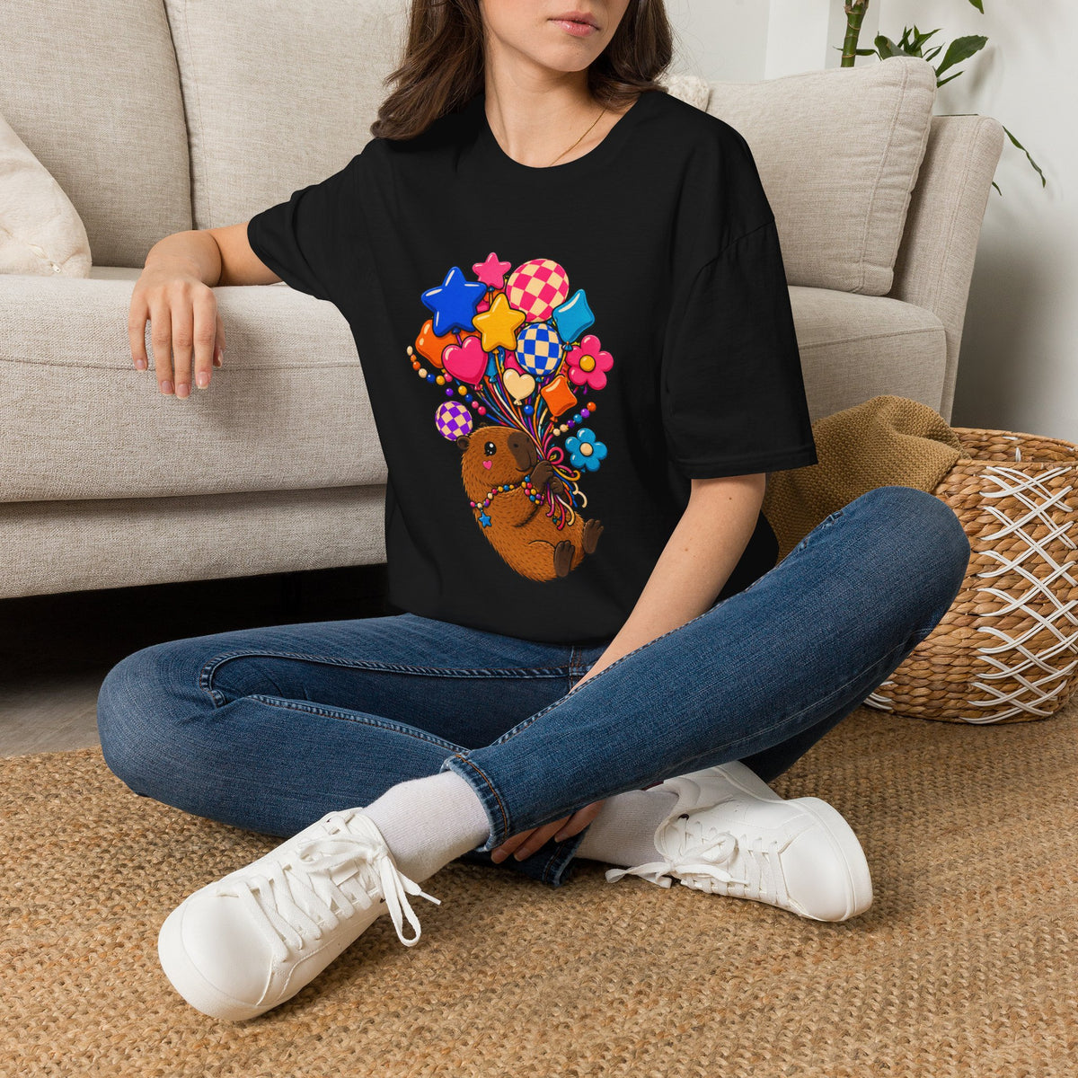 Cute Guinea Pig Holding Colorful Balloons T-Shirt — Whimsical Animal Graphic Tee