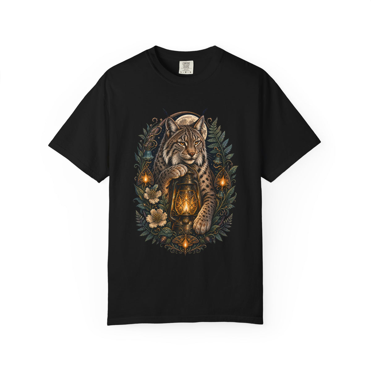 Gothic Botanical Camping Lantern Lynx T-Shirt Graphic