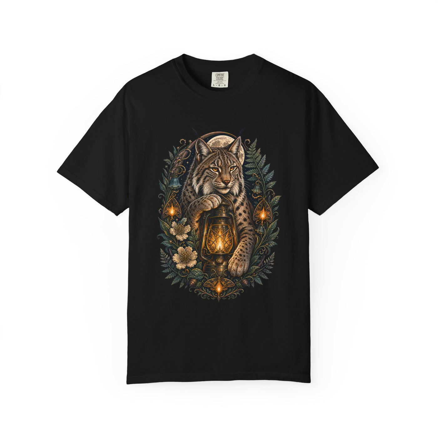 Gothic Botanical Camping Lantern Lynx T-Shirt Graphic
