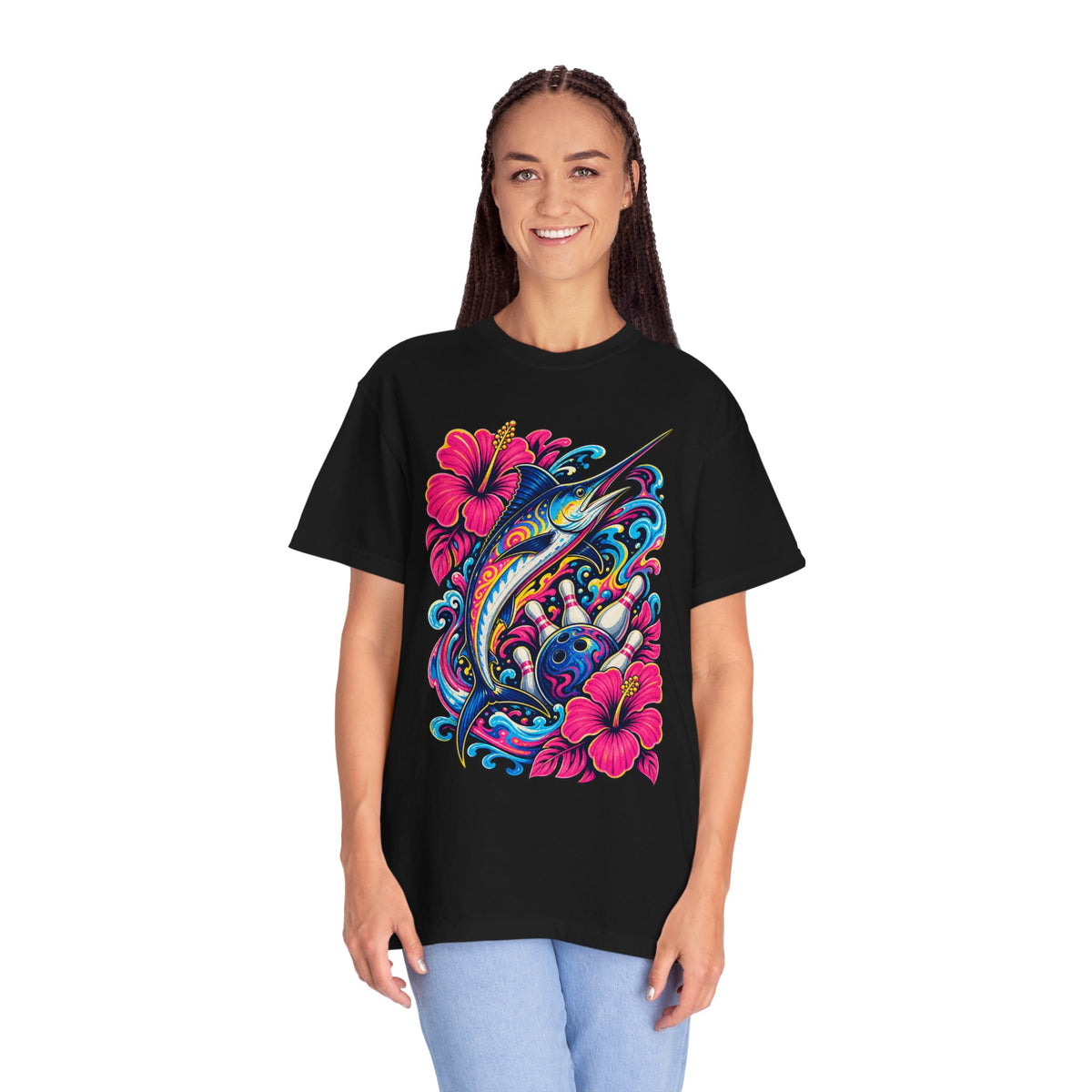 Psychedelic Hibiscus Bowling Swordfish T-Shirt Graphic