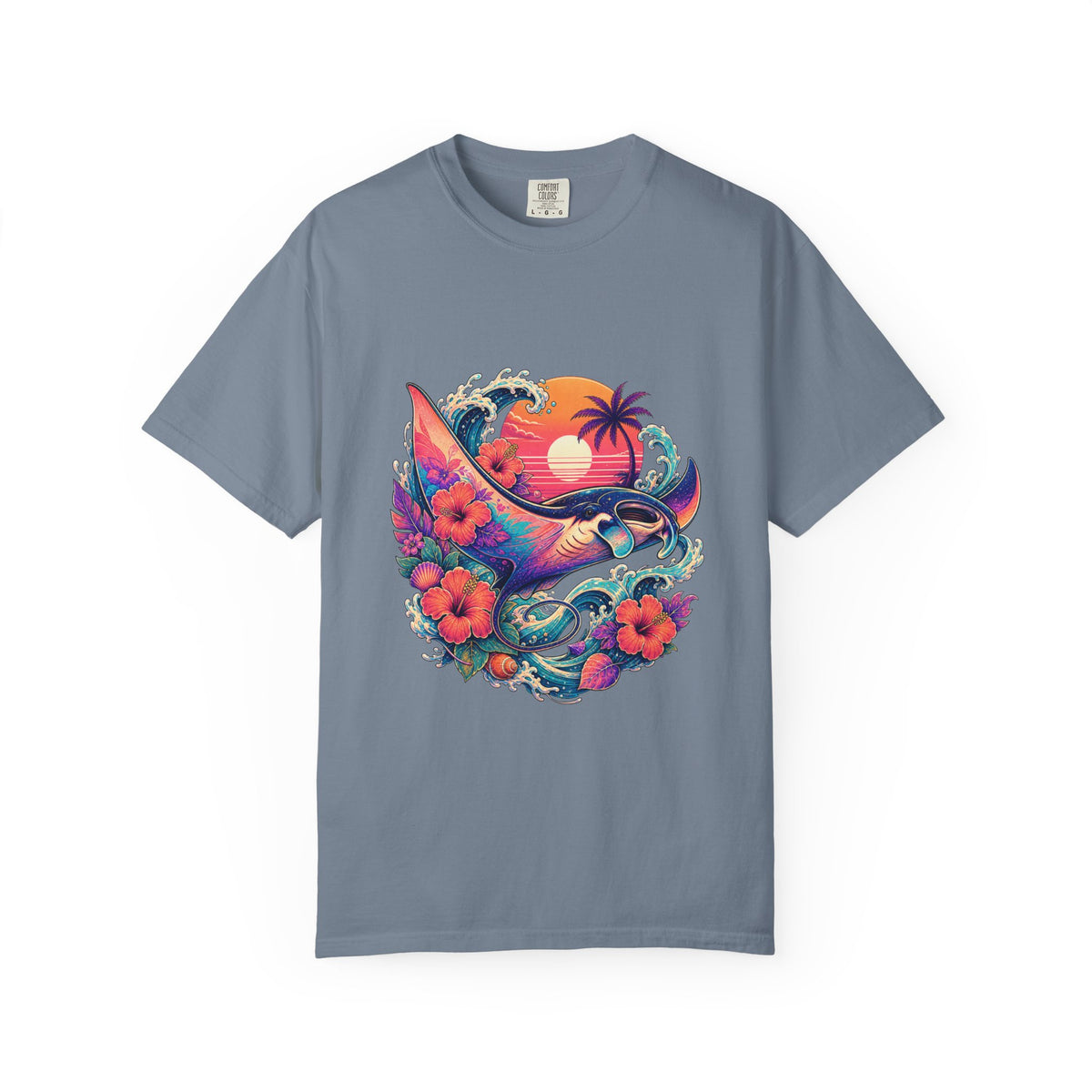 Vaporwave Hibiscus Manta Ray Graphic T-Shirt
