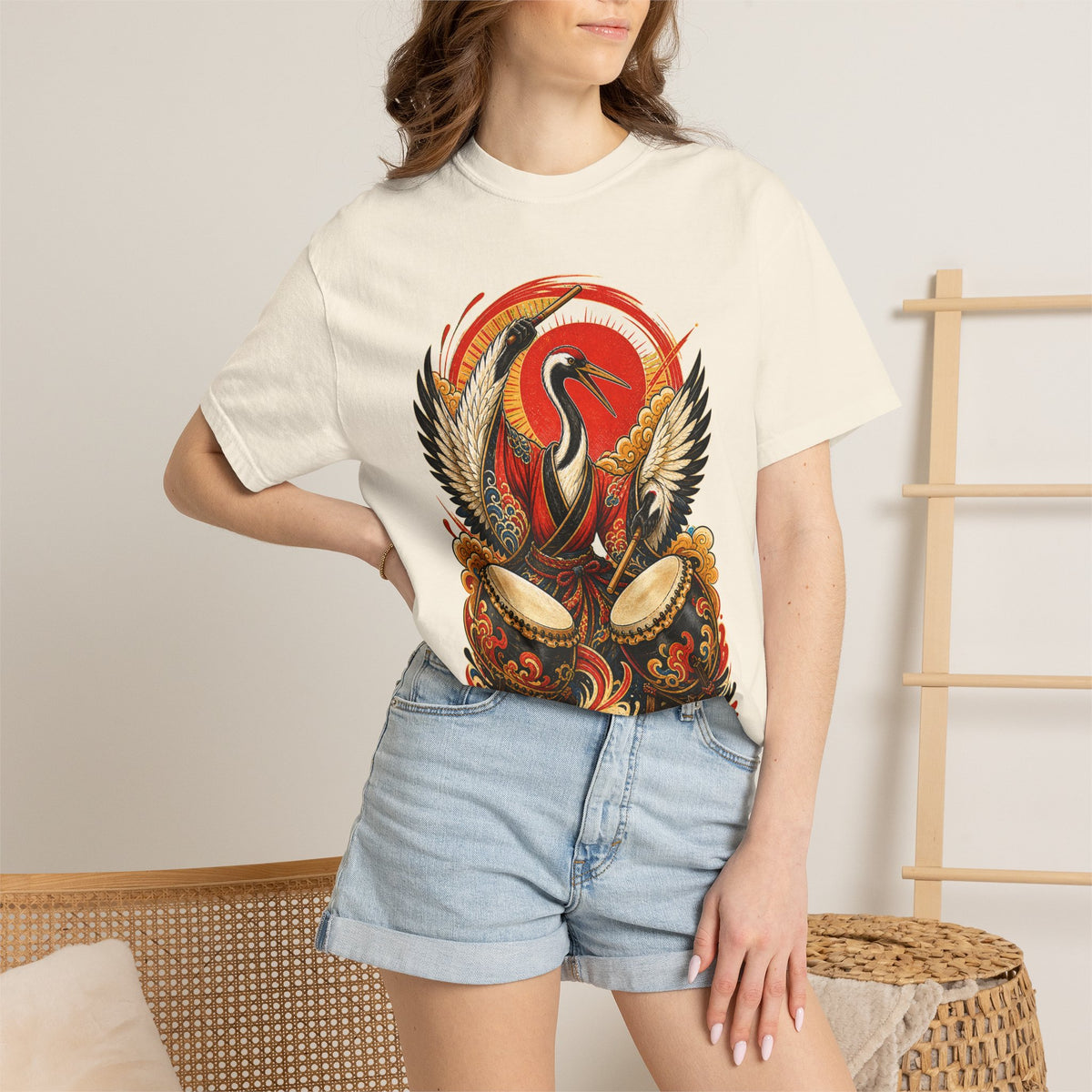 Red Sun Crane Drummer Graphic Tee