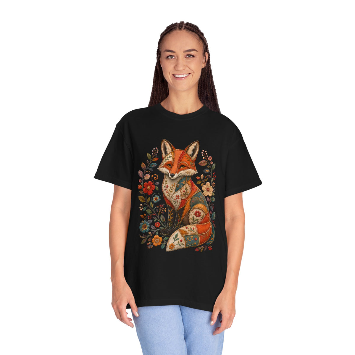 Patchwork Garden Fox Folk Art T-Shirt Graphic