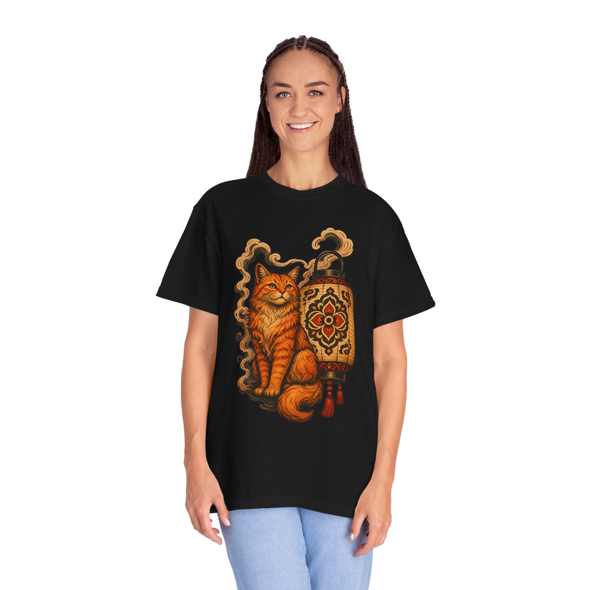 Woodcut Orange Cat Lantern Graphic Tee