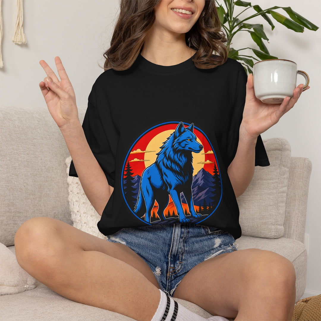 Blue Wolf Sunset Crest T-Shirt Graphic
