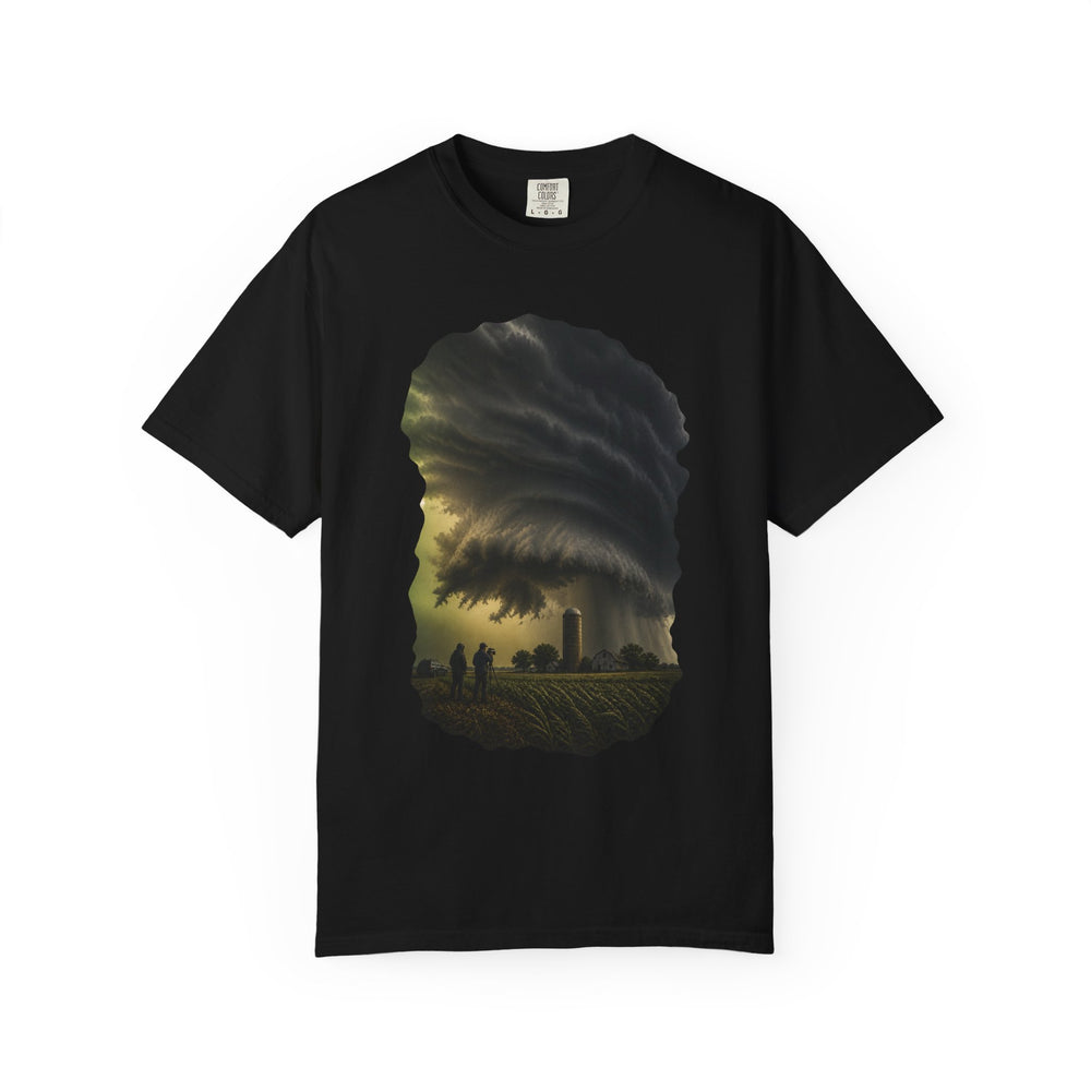 Farmstead Hook Echo graphic on a Black tee