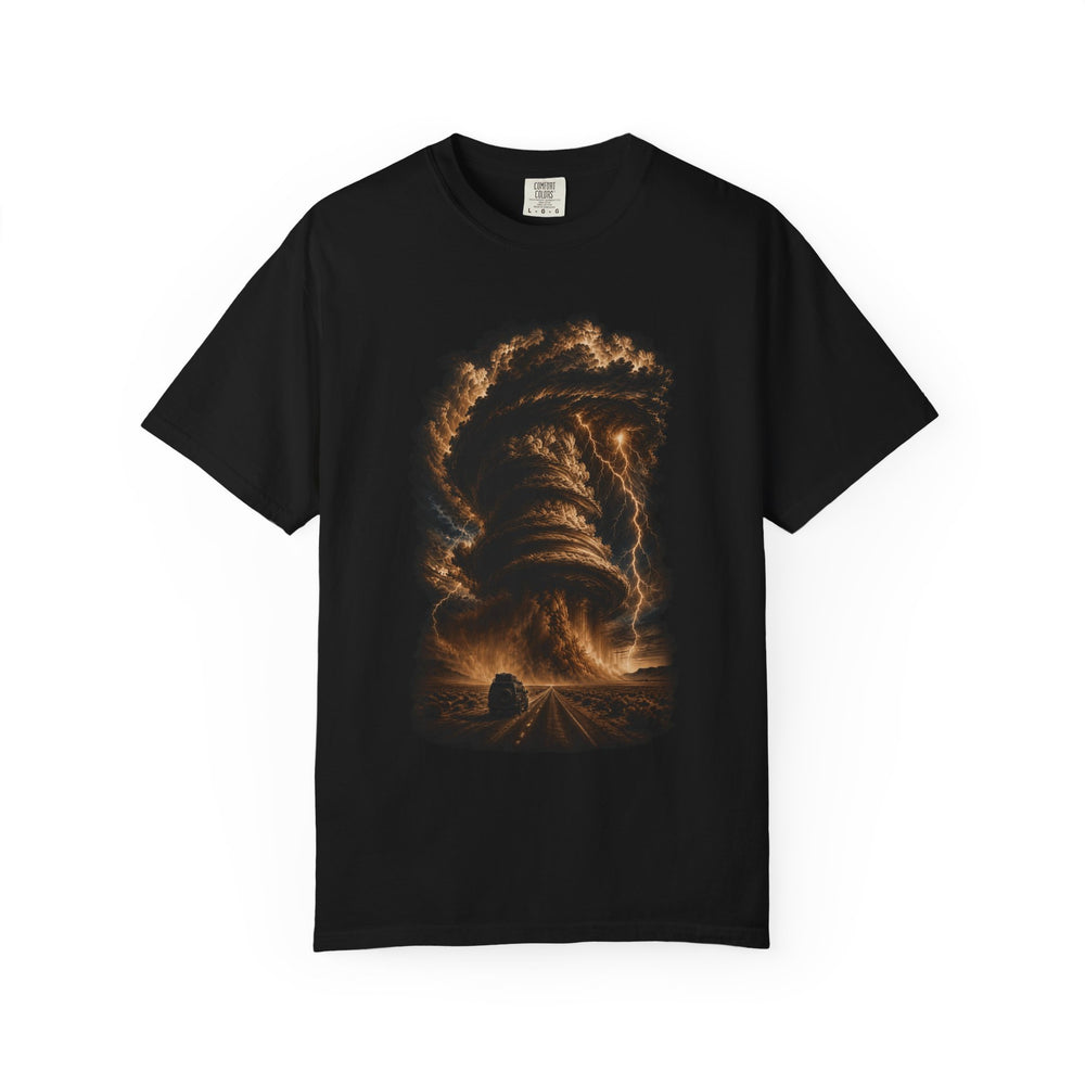 Sepia Supercell Pursuit graphic on a Black tee