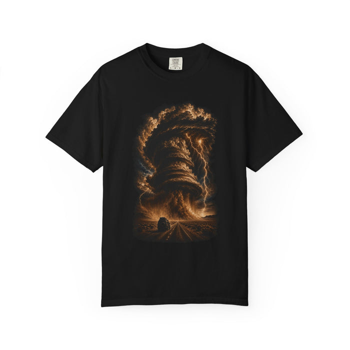 Sepia Supercell Pursuit graphic on a Black tee