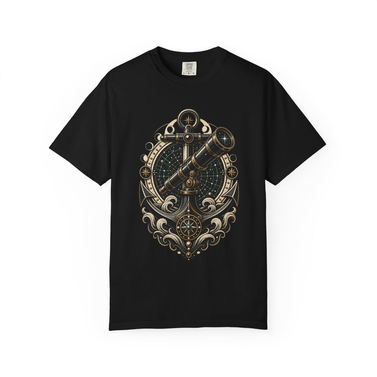 Blackwork Coastal Astronomy Anchor T-Shirt Graphic