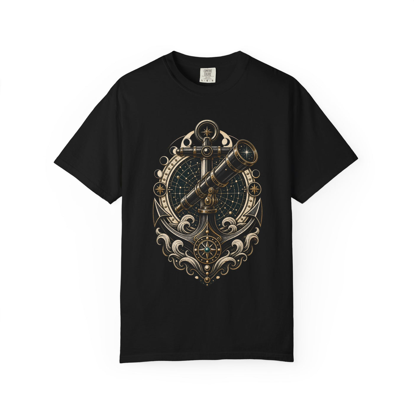 Blackwork Coastal Astronomy Anchor T-Shirt Graphic