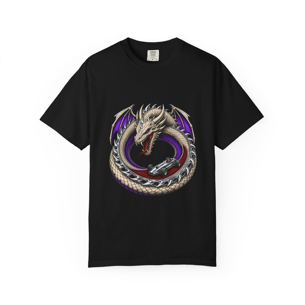 Serpent Speedway Gothic Racing Dragon Graphic Tee graphic on a Black tee
