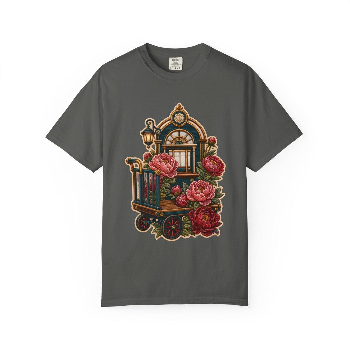 Embroidered Train Station Peony Trolley T-Shirt Graphic