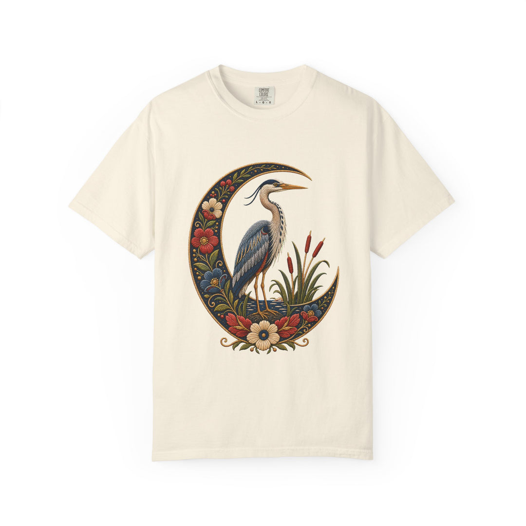 Folk Embroidery Moon Heron T-Shirt Graphic