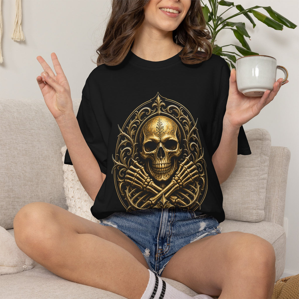 Gothic Gold Skull Crest T-Shirt Graphic
