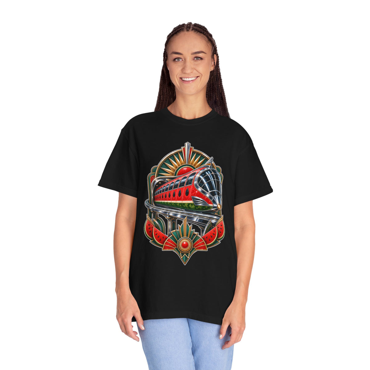 Chrome Art Deco Watermelon Monorail T-Shirt Graphic